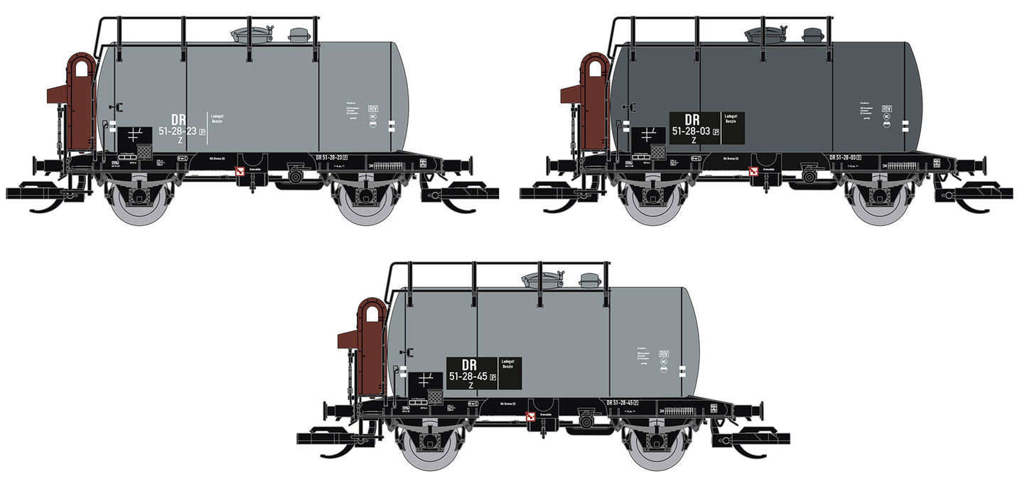 Saxonia 120112 - 3er Set Kesselwagen 'Deutz' mit Bremserhaus, grau, DR Ep.III